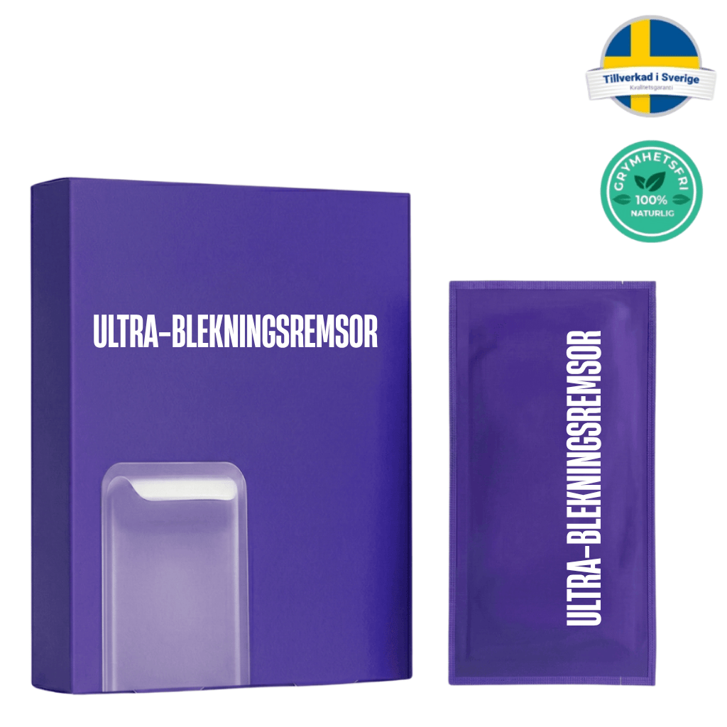 Förpackning av Ultra-blekningsremsor som erbjuder en skönhetsfokuserad munvårdslösning.