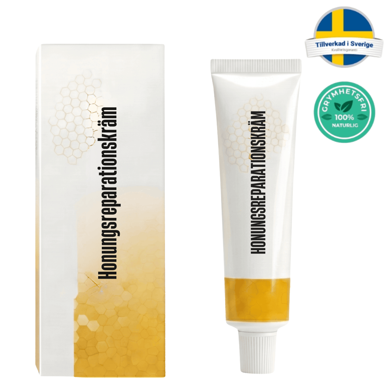 Honungsreparationskräm produktförpackning och tub med naturliga ingredienser, idealisk för daglig hudvård.