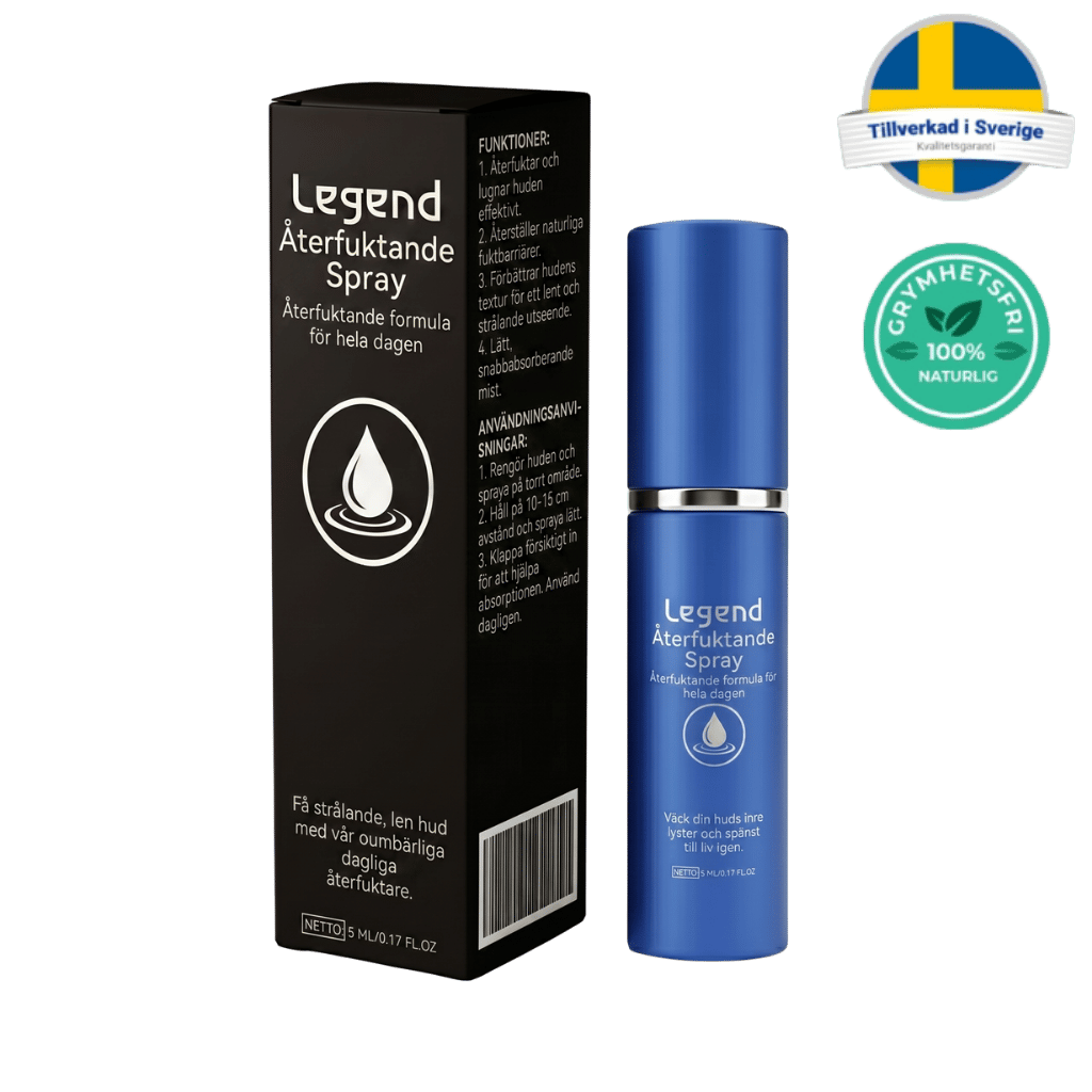 Legend Återfuktande Spray med förpackning, en hudvårdsspray för daglig återfuktning.