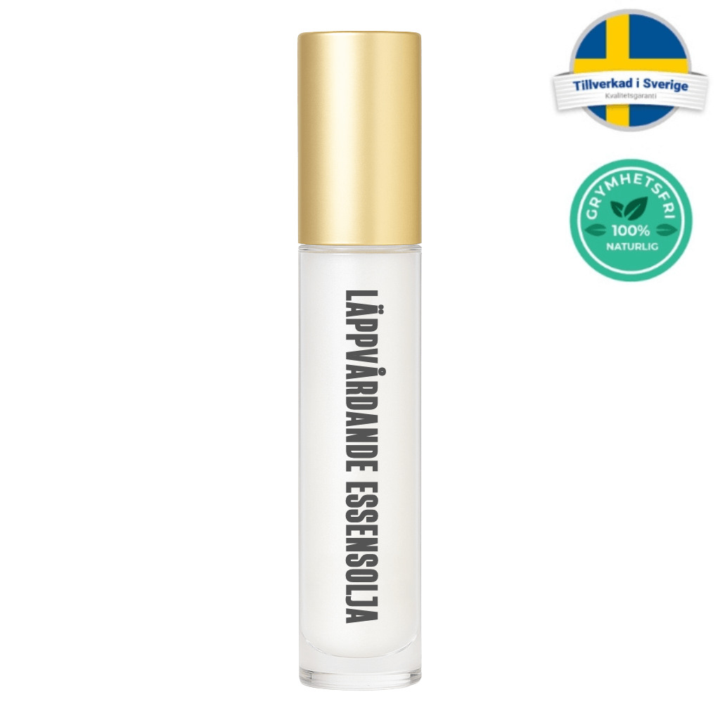 Läppvårdande Essensolja i en elegant flaska med gyllene lock, framhäver läppars naturliga utseende och känsla.
