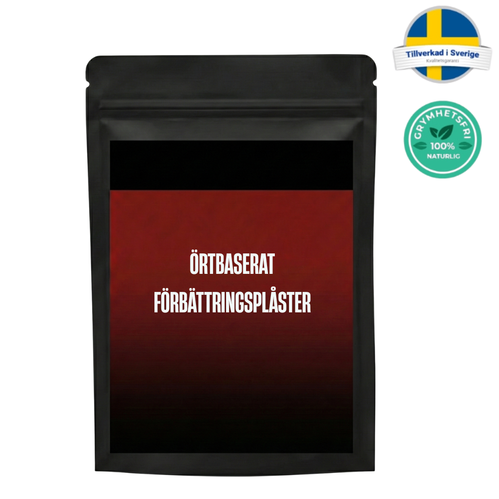 Förpackning av Örtbaserat förbättringsplåster, designad för att ge en jämnare hudyta och välvårdad känsla.