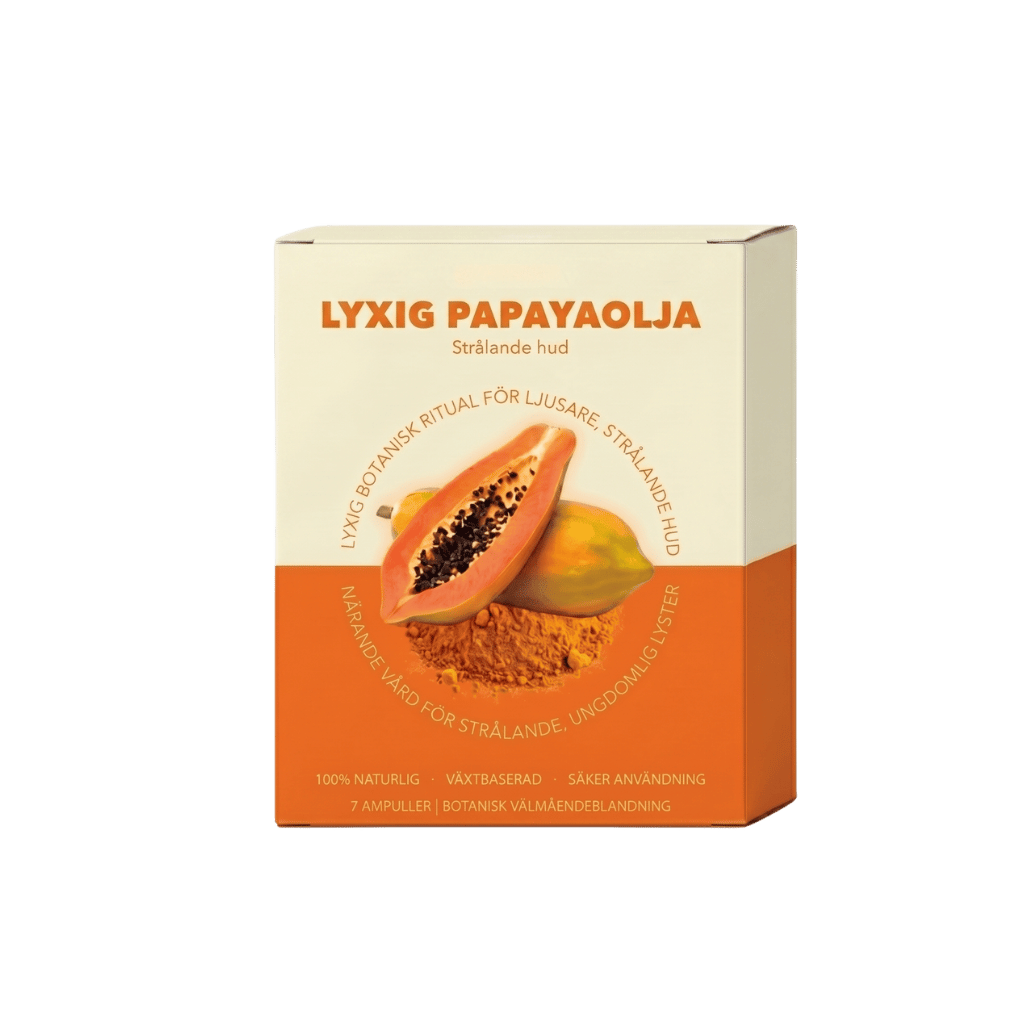 Lyxig papayaolja för strålande hud, naturlig och hudvänlig produkt i elegant förpackning.