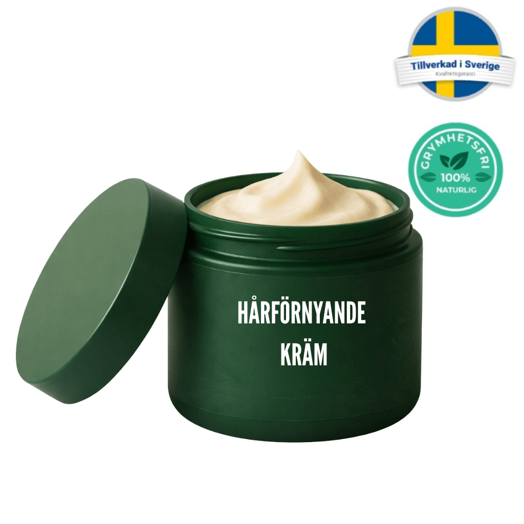 Hårförnyande Kräm i en grön burk med lock, perfekt för hårbottenvård och återfuktning.