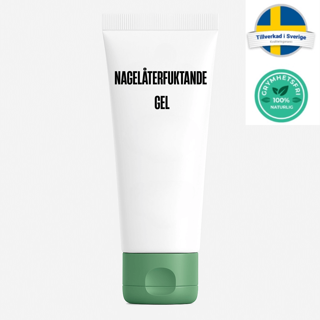 Nagelåterfuktande Gel i en vit tub med grön kork, designad för att vårda torra naglar.