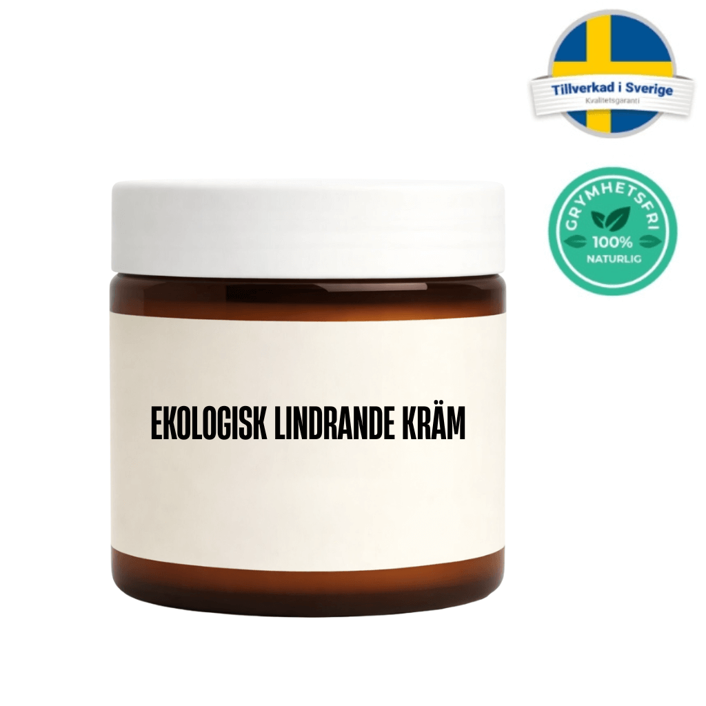 Ekologisk lindrande kräm i glasburk med etikett, tillverkad i Sverige och 100% naturlig.
