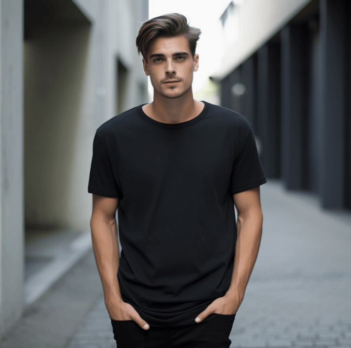 Man wearing a black t-shirt standing in a modern urban setting.
