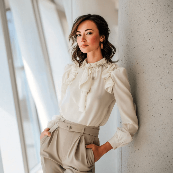 Kvinna i elegant vit blus med volanger och beige byxor, poserar mot en vägg i ett ljust rum.