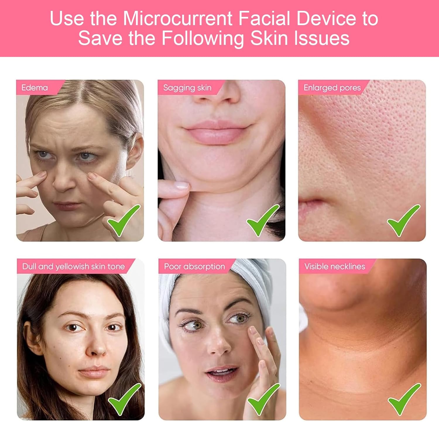 An image showcasing skin issues addressed by the Axiva Microcurrent Ansiktsmassager, highlighting improvements for various conditions.
