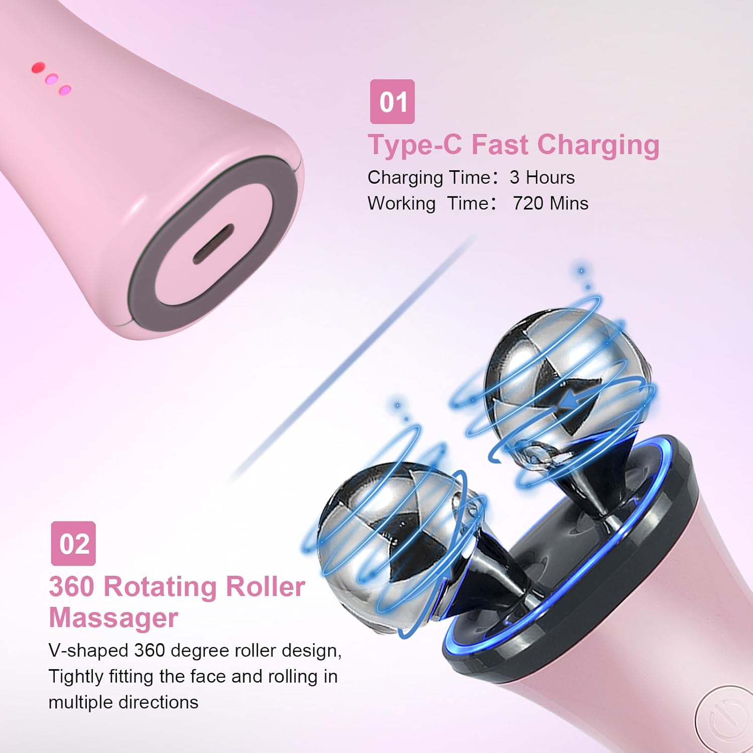Axiva Microcurrent Ansiktsmassager med 360 roterande massagehuvuden och Type-C snabb laddning.