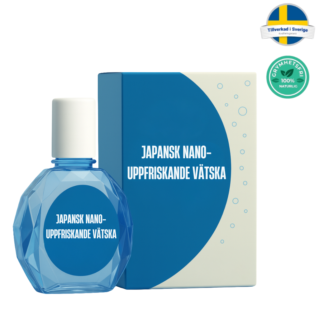 Japansk nano-uppfriskande vätska i flaskdesign med förpackning, för en fräsch och välvårdad hud.