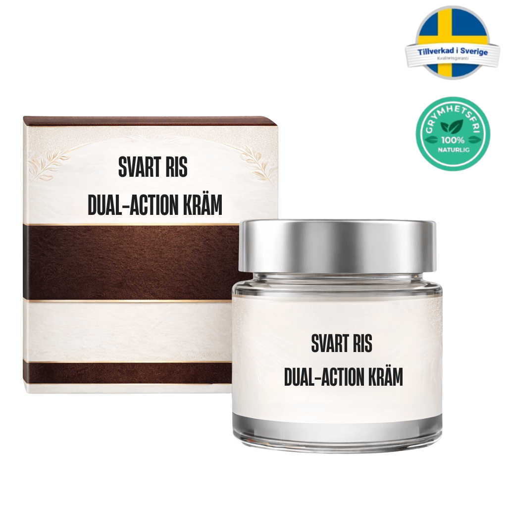 Svart ris dual-action kräm i glasburk med förpackning, perfekt för en strålande och välbalanserad hud.