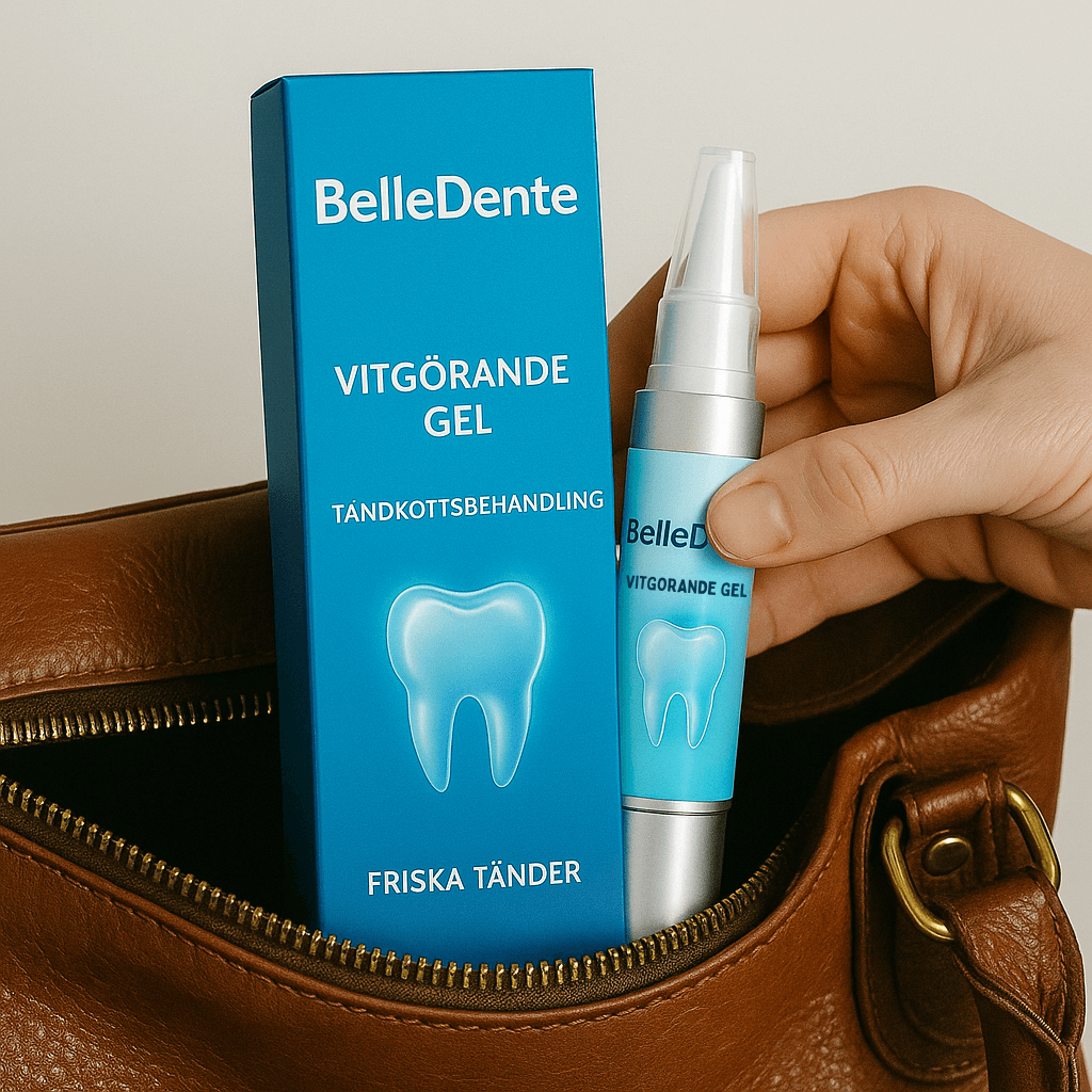 Axiva Upplysande Gel in a brown bag, showcasing whitening dental gel for a brighter smile with BelleDente.