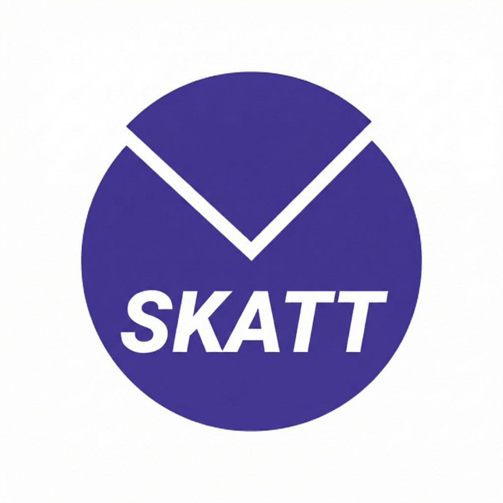 Logotyp för Skatt med en lila cirkel och vitt text, representerar en virtuell tjänst för skatteberäkning.