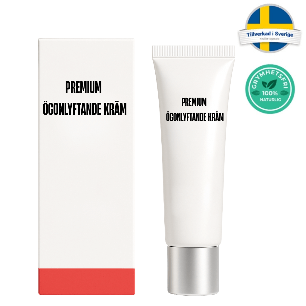 Premium Ögonlyftande Kräm i en tub med vit förpackning och röd botten, perfekt för en slät och fräsch hud.