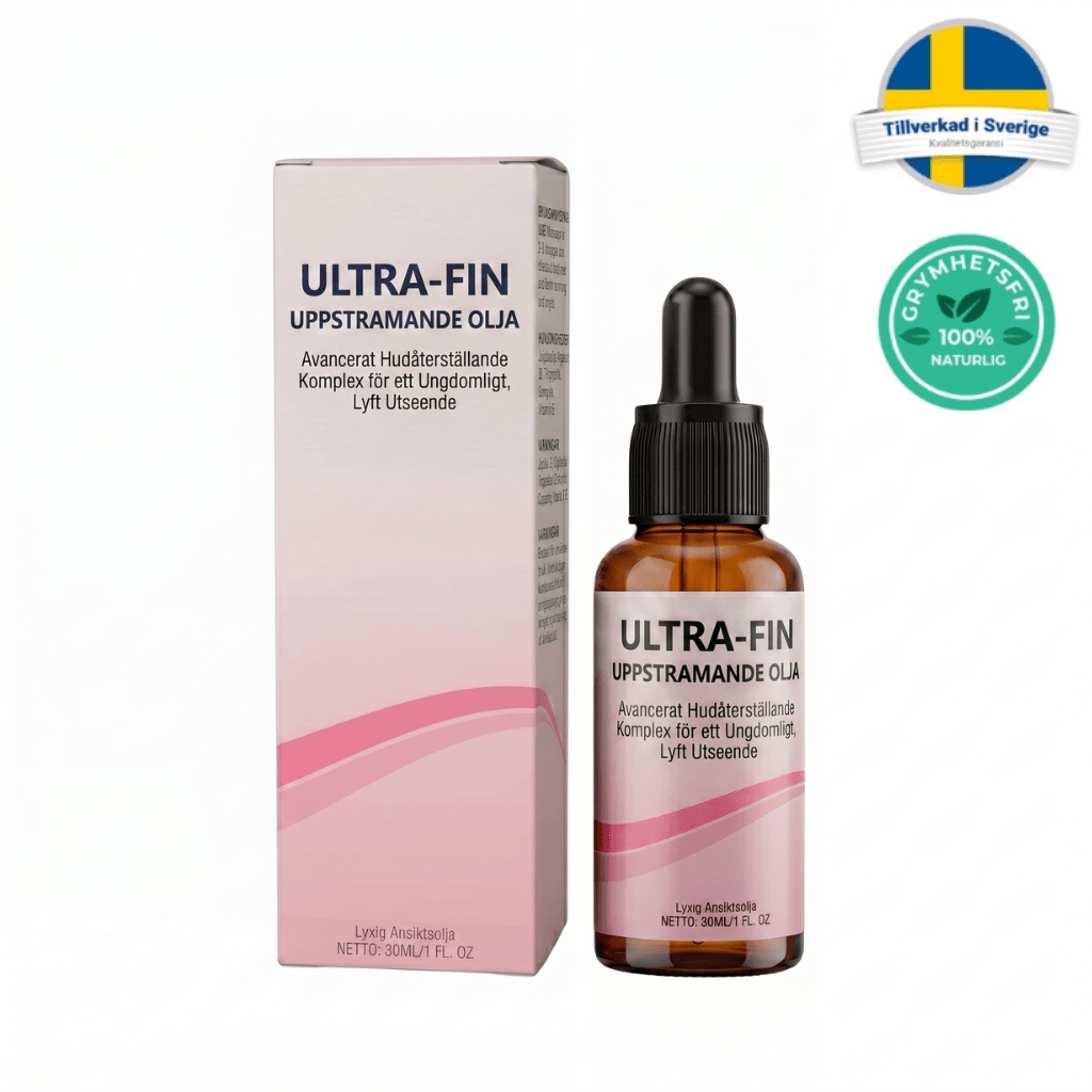 Ultralätt uppstramande olja i flaska med förpackning, erbjuder slät och fast hud med närande ingredienser.