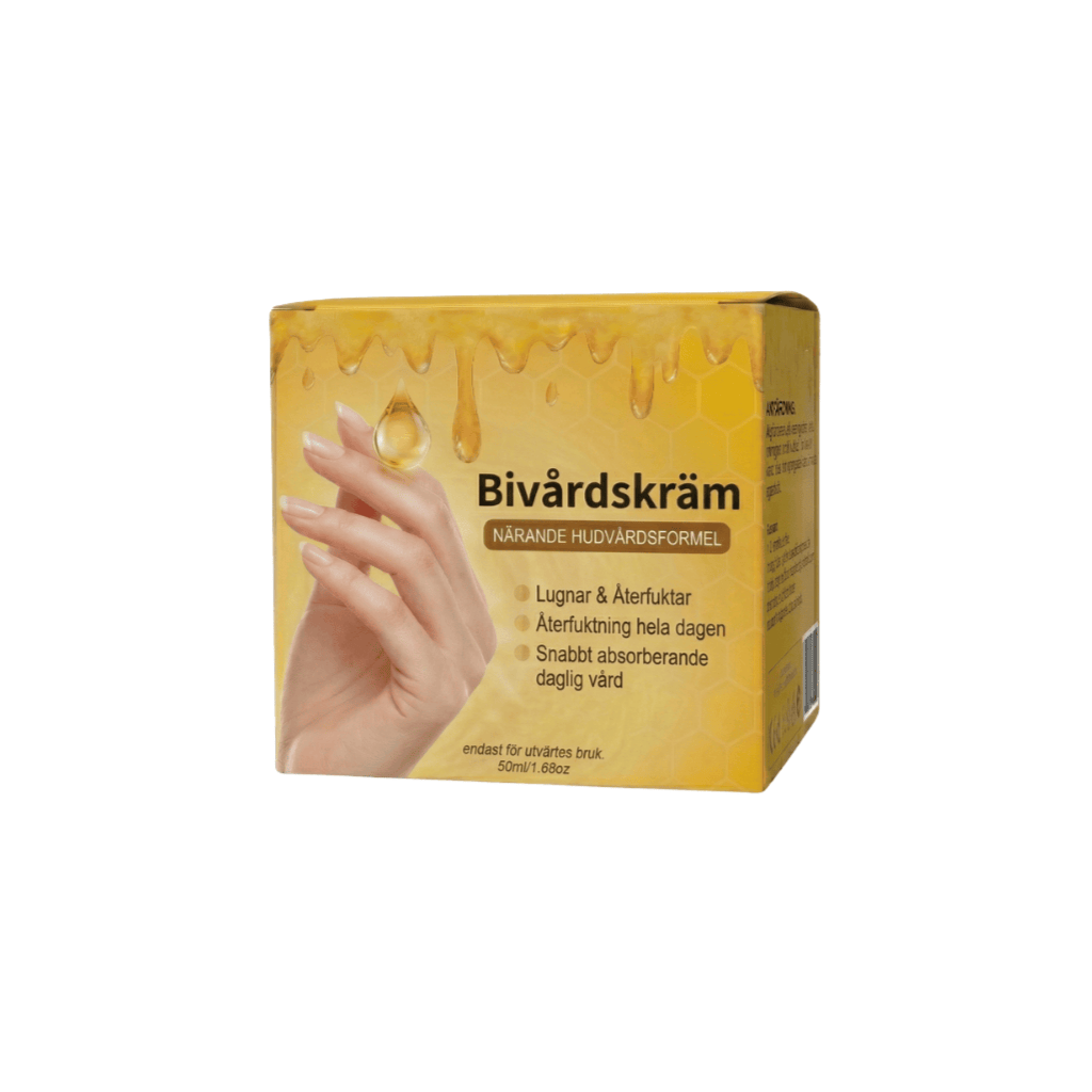 Bivårdskräm i förpackning, lugnande och snabbt absorberande kroppskräm för daglig användning.