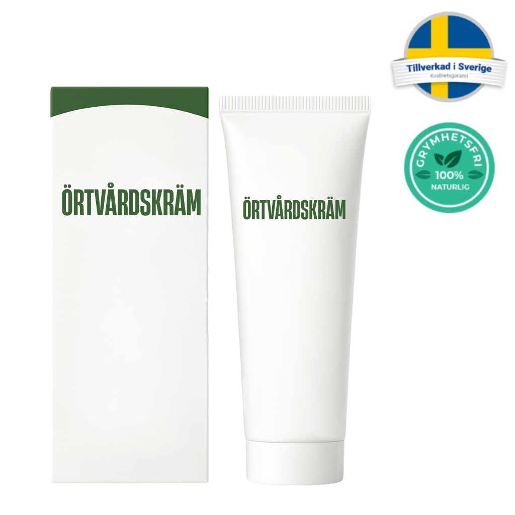 Örtvårdskräm i smidig förpackning med naturliga ingredienser, perfekt för daglig hudvård.