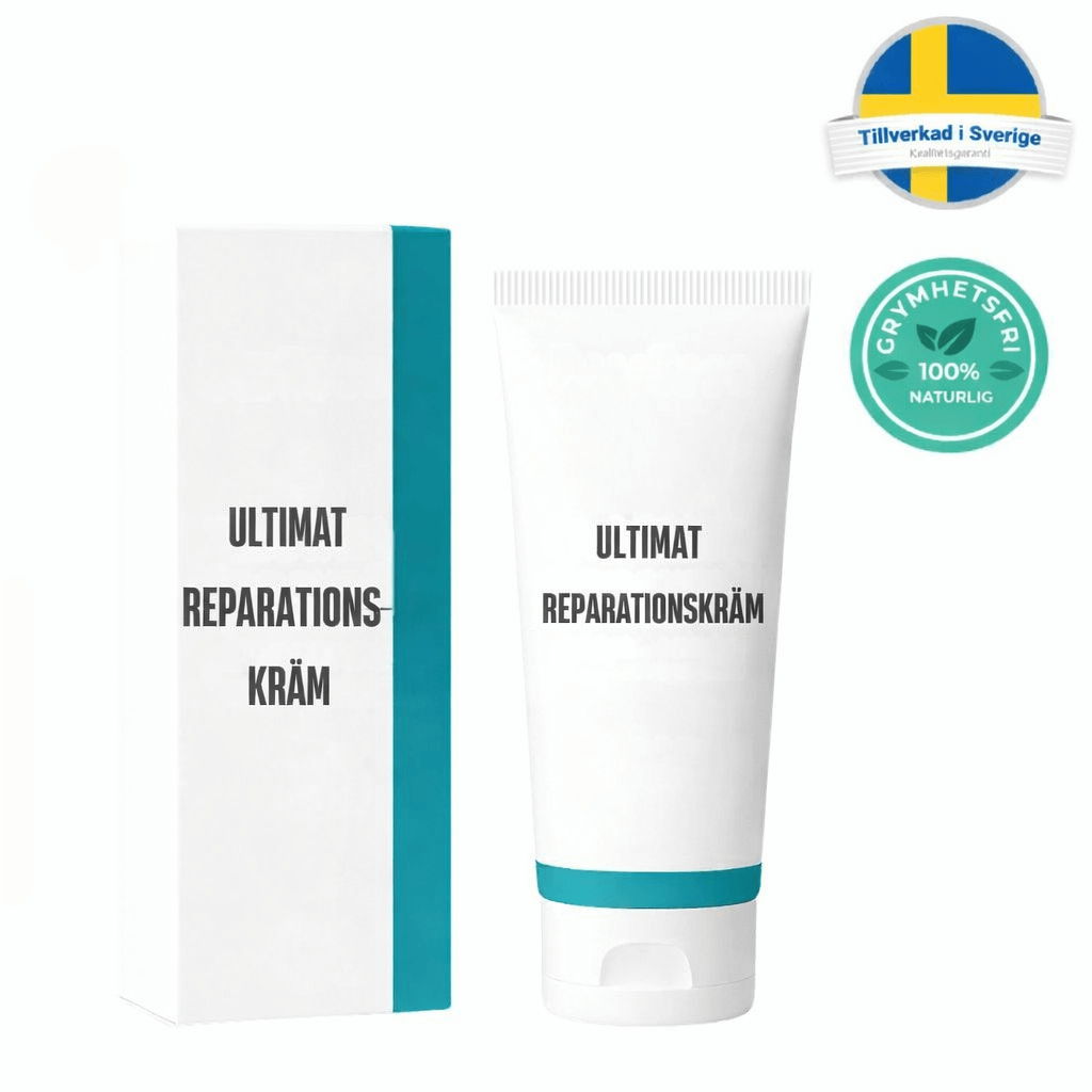 Produktbild av Ultimat reparationskräm med förpackning och tub i fokus, skonsam hudvård.