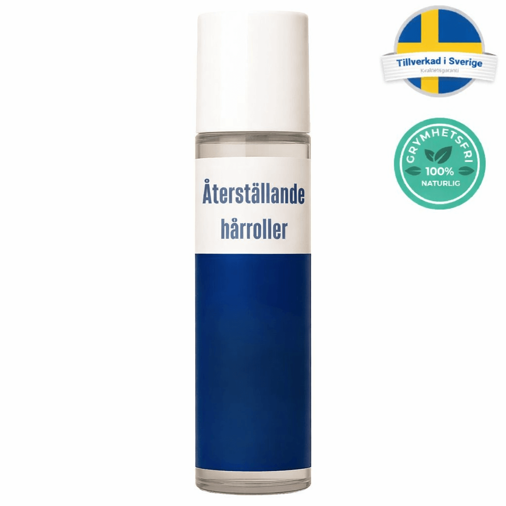 Återställande hårroller i flaska med blå etikett, tillverkad i Sverige.