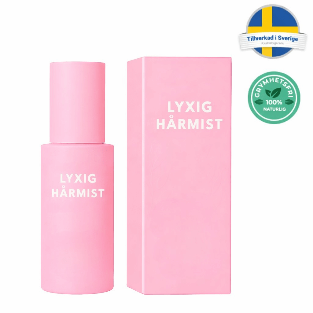 Lyxig hårmist i rosa flaska och förpackning, perfekt för ett fräscht och polerat hår.