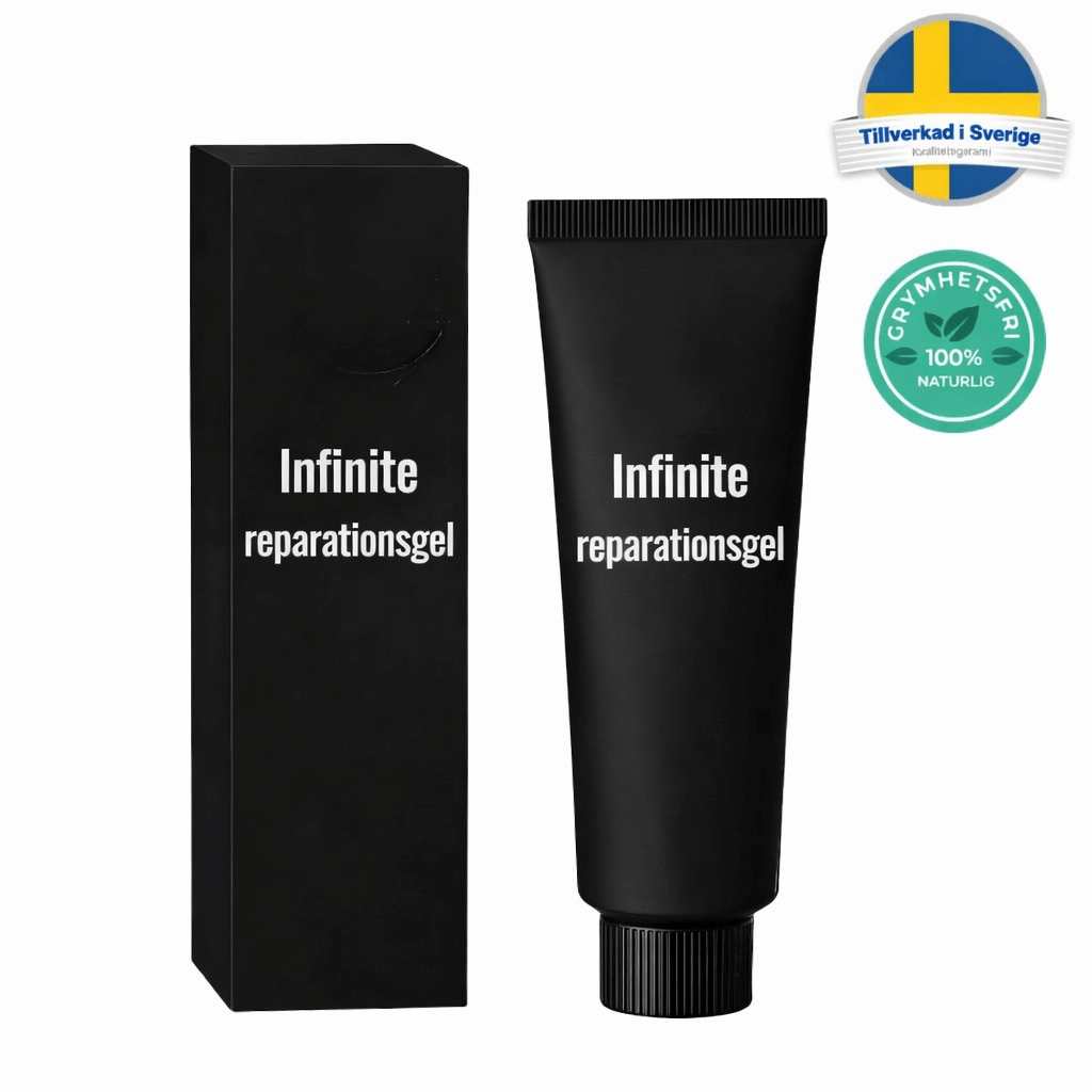 Infinite reparationsgel för tandproteser, säker och bekväm fästgel, tillverkad i Sverige.