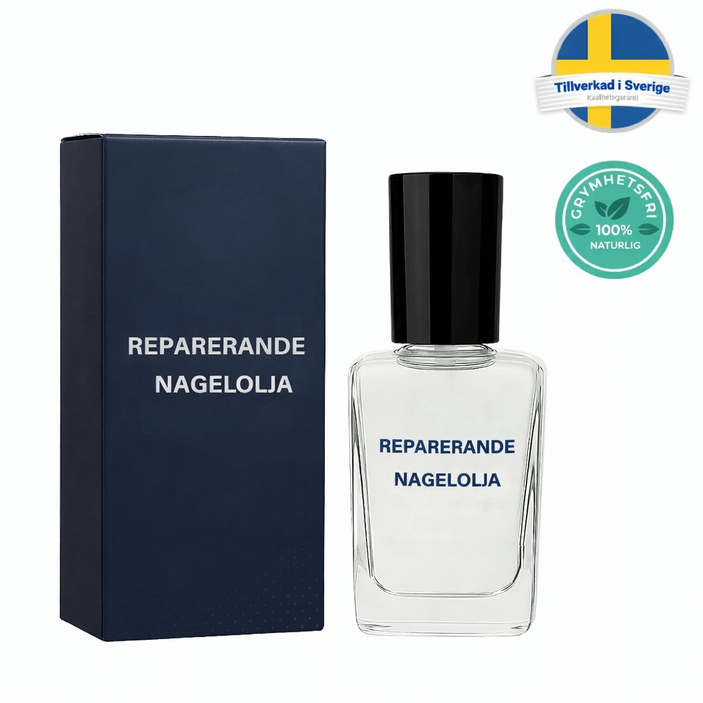 Reparerande nagelolja i glasflaska med svarts lock och blå kartong, 100% naturlig nagelvård.