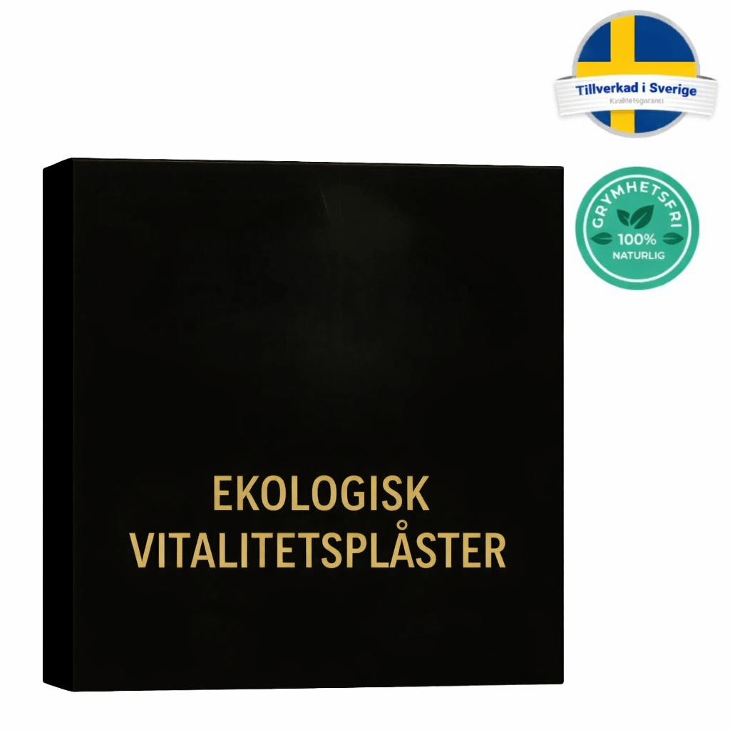 Förpackning av Ekologisk vitalitetsplåster med märkningar för svensk tillverkning och naturliga ingredienser.