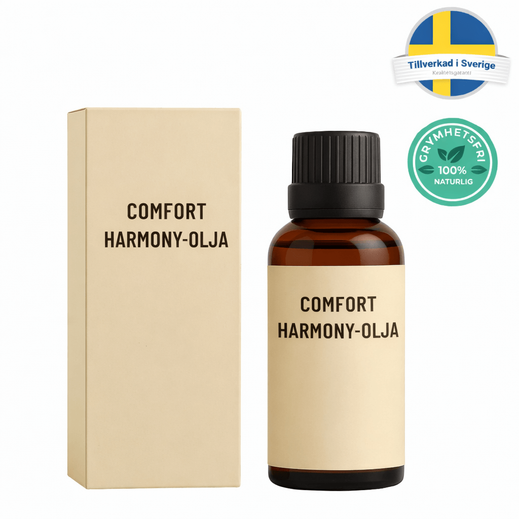 Comfort Harmony-olja in a stylish amber bottle with its packaging, promoting smooth and nourished skin.