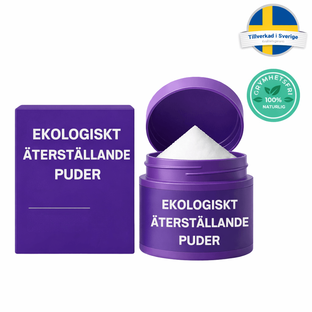 Ekologiskt återställande puder i lila burk med öppet lock, perfekt för naturligt strålande hud.