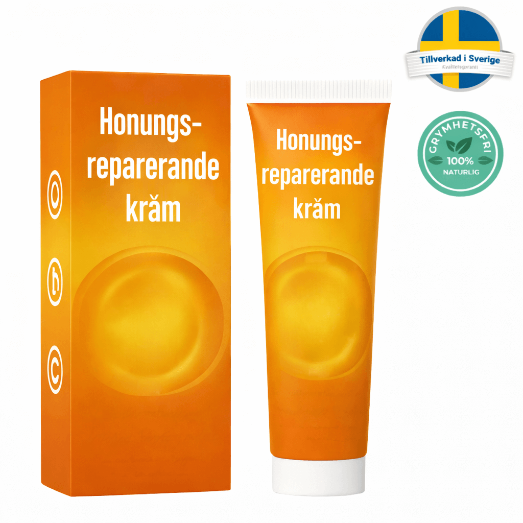 Honungsreparerande kräm i förpackning med naturliga ingredienser och svensk kvalitet. Perfekt för hudvård.