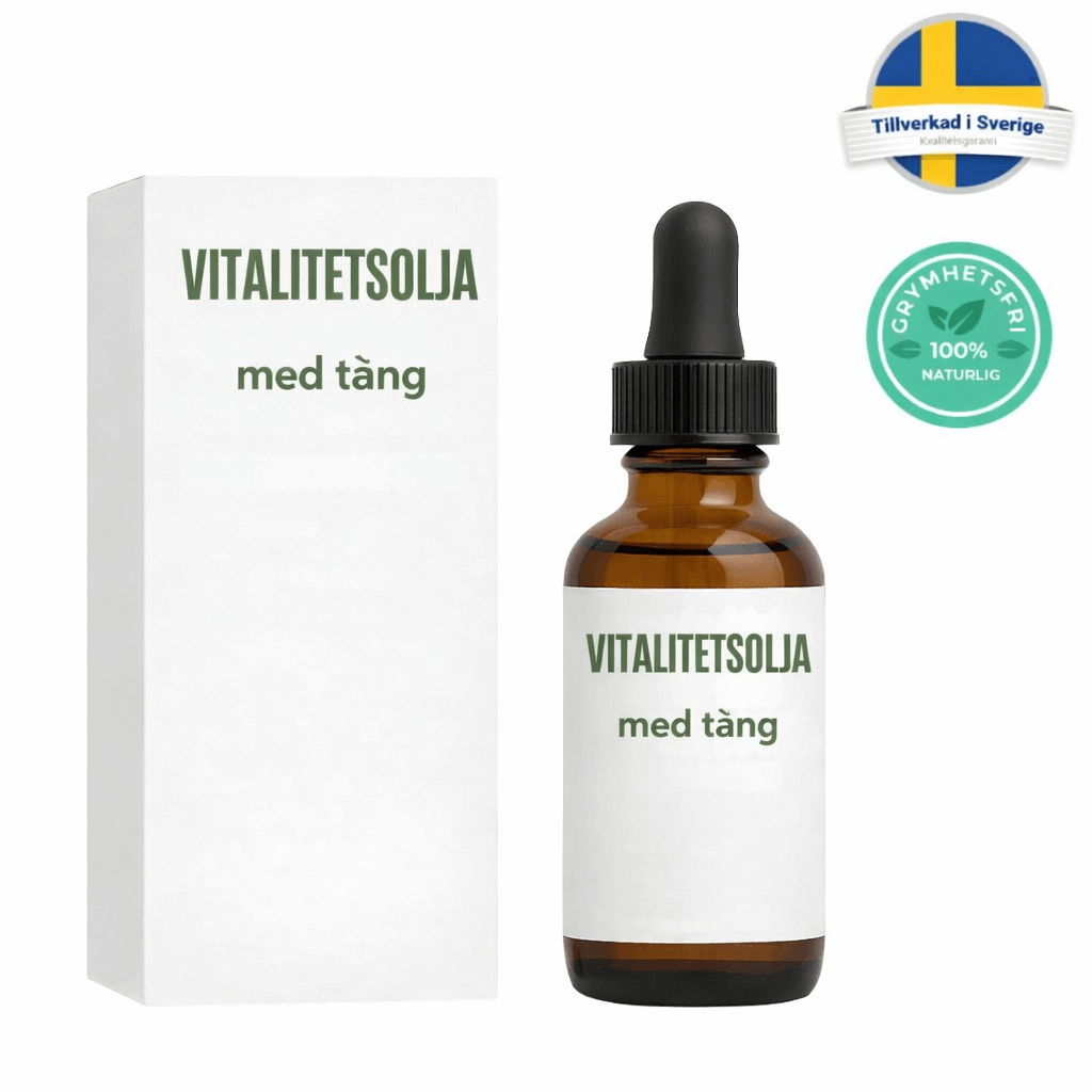 Vitalitetsolja med tång i glasflaska med pipett, perfekt för daglig hudvård.