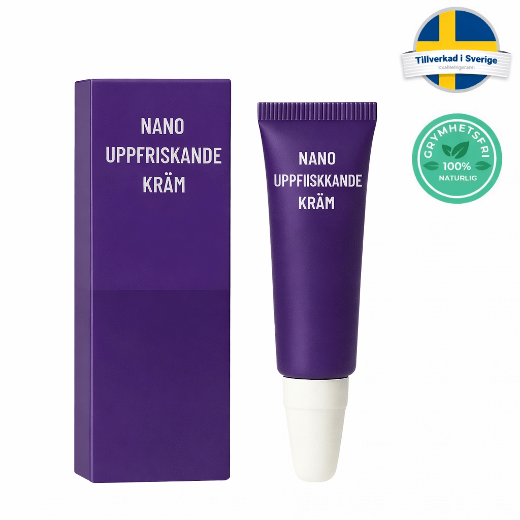 Nano uppfriskande kräm i lila förpackning, hudvårdslösning för ögonområdet, 100% naturlig och tillverkad i Sverige.