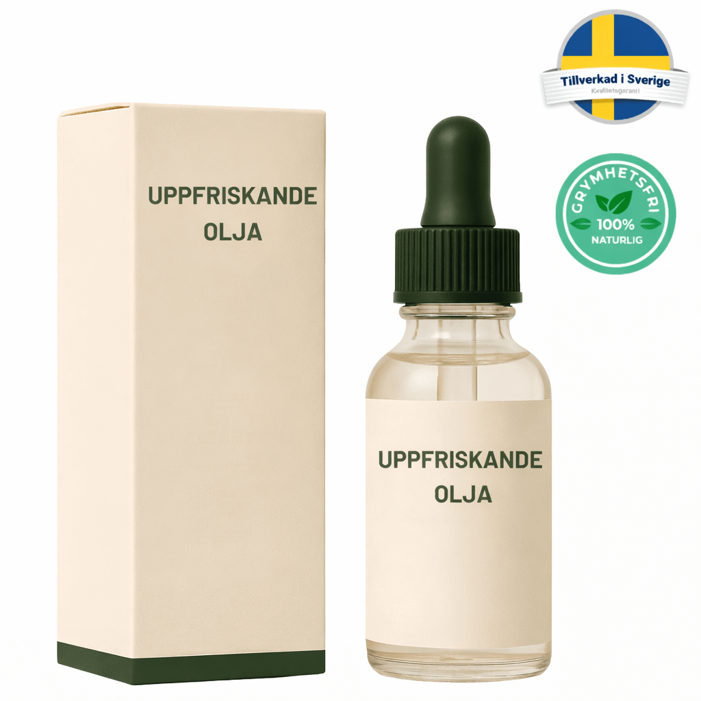 Uppfriskande olja i glasflaska med pipett och förpackning, designad för daglig hudvård.