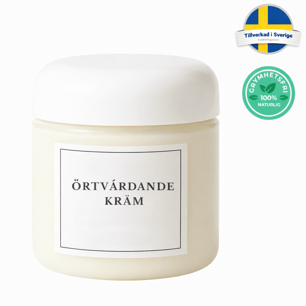 Örtvårdande kräm i burk med vit lock, för hudvård och komfort, tillverkad i Sverige.