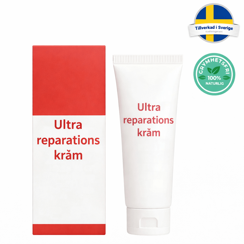 Ultra reparationskräm för snabbabsorption och vård av huden, förpackad i röd och vit tub.