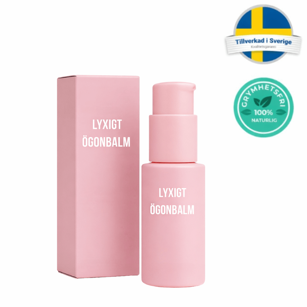 Lyxigt ögonbalm i rosa förpackning med pump, certifieringar och kvalitetsmärke.