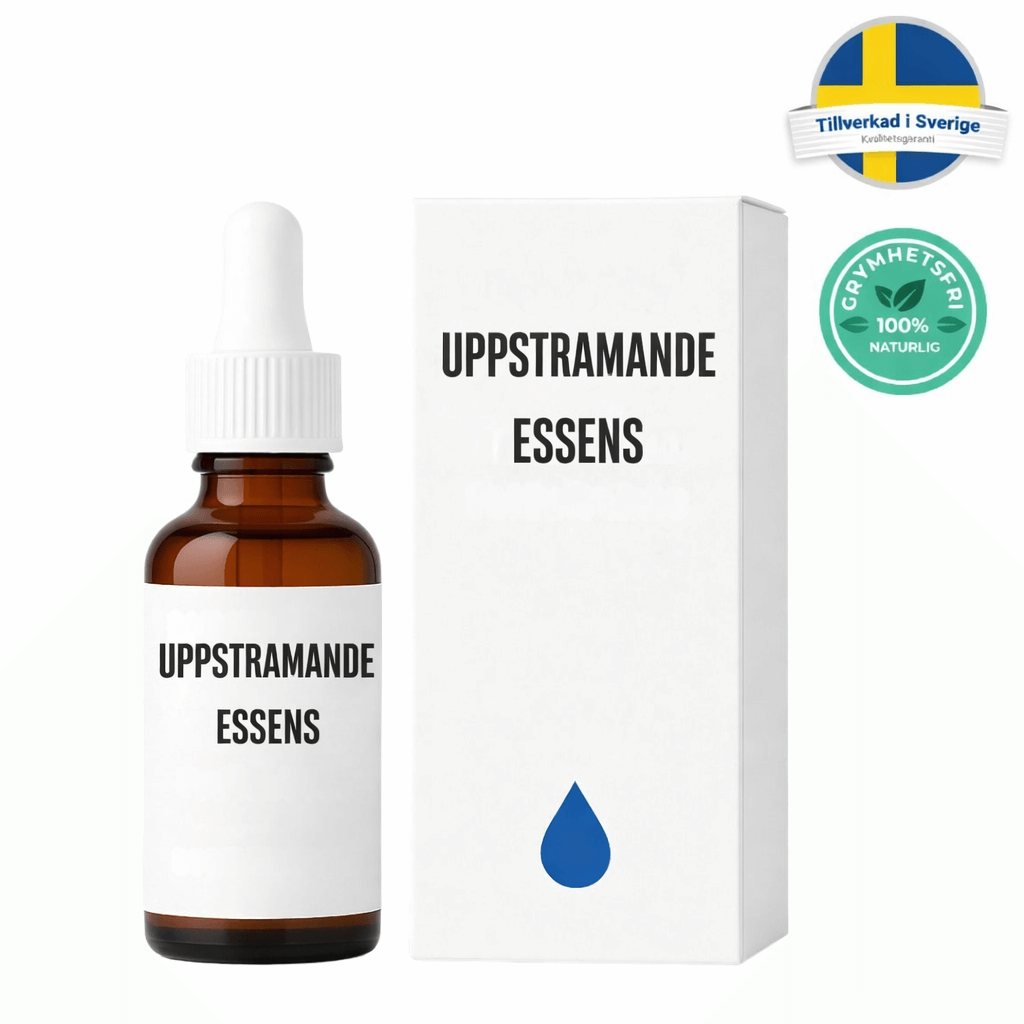 Uppstramande essens serum i brun flaska med vit etikett och förpackning, hudförnyande produkt för strålande hud.