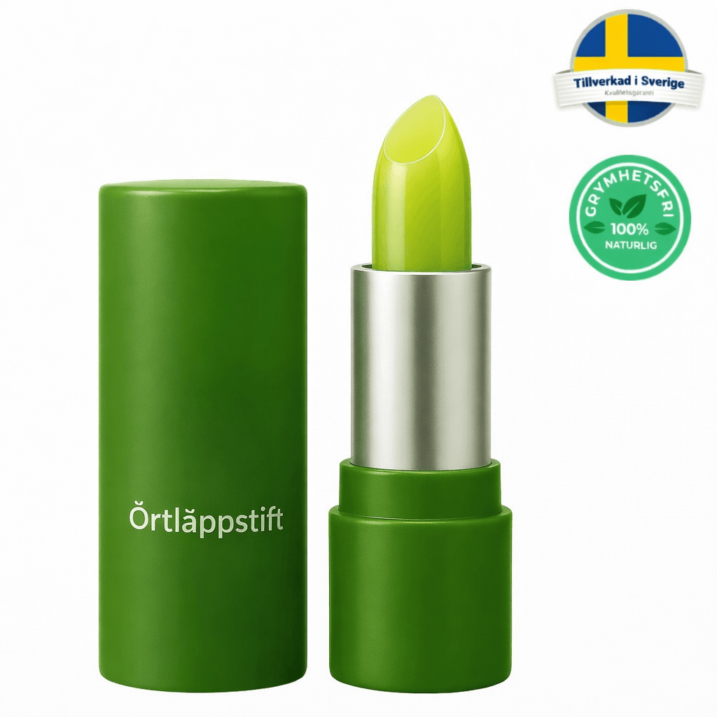 Örtläppstift i grön förpackning med en ljusgrön nyans, tillverkad i Sverige och 100% naturlig.