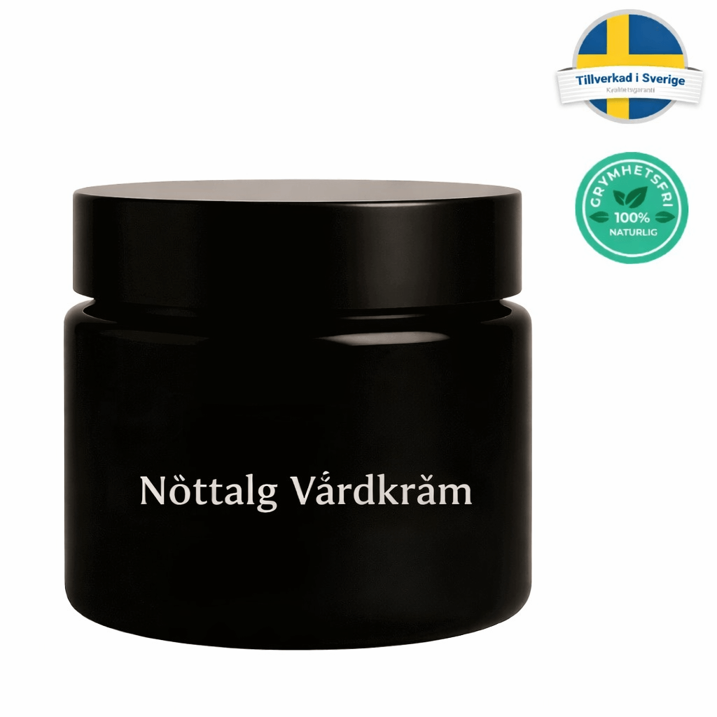 Nöttalg Vårdkräm i svart krämbehållare, utformad för en mjukare och mer förfinad hud.