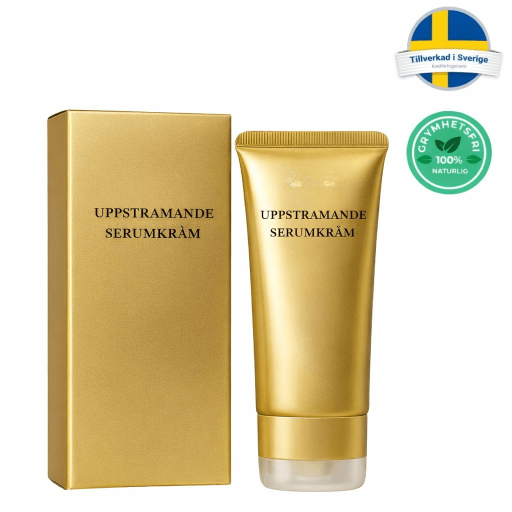 Uppstramande Serumkräm i en gyllene tub med förpackning, designad för att förbättra hudens utseende.