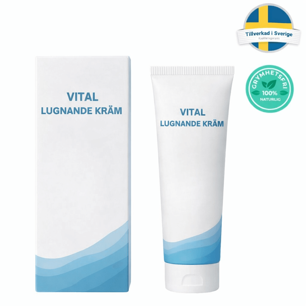 Vital Lugnande Kräm tube and box packaging designed for smoother skin tone and topically applied skincare.