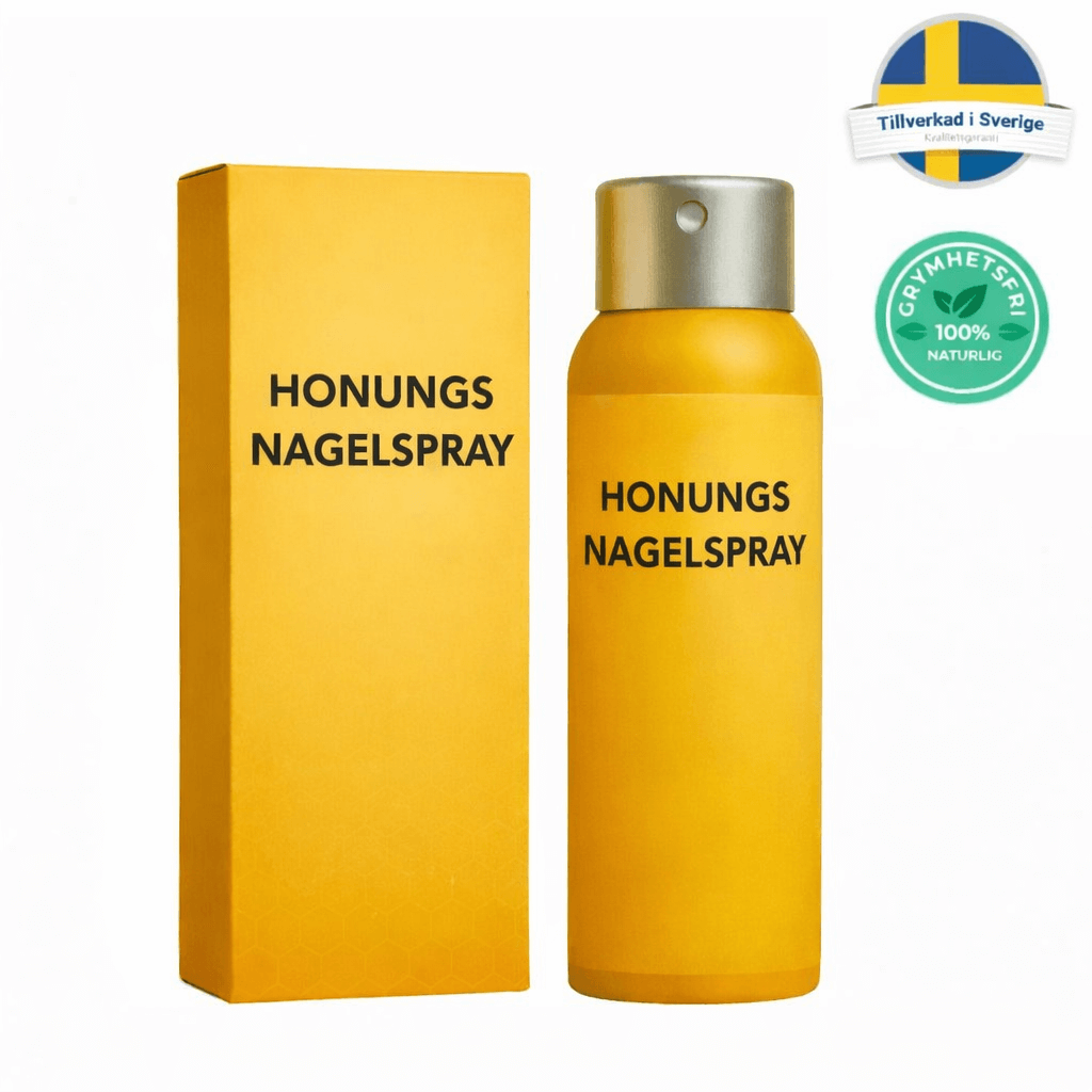 Honungs Nagelspray produktbild med förpackning i gult, som ger en polerad finish för naglar och nagelområdet.