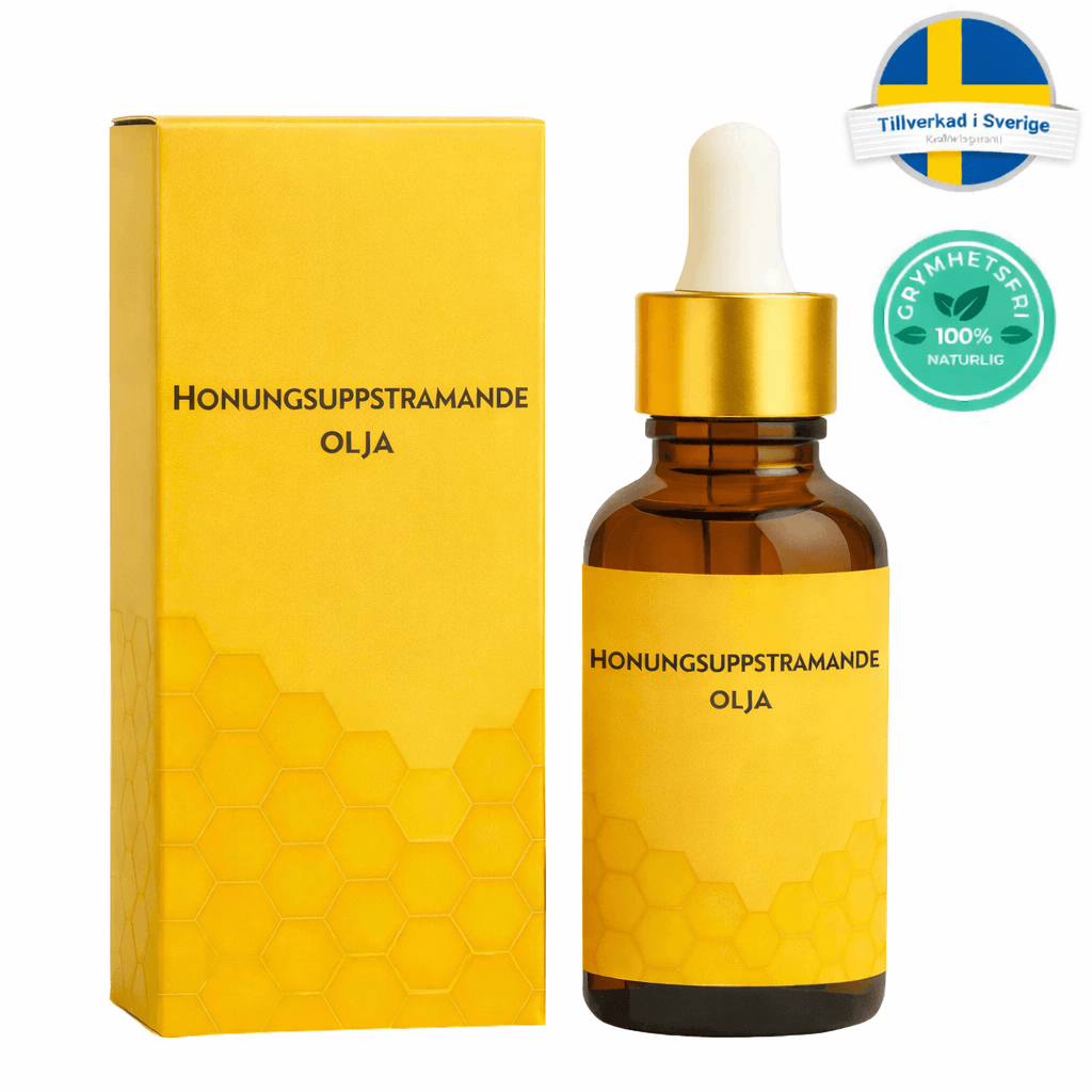 Honungsuppstramande olja i elegant förpackning med pipett och märkning av naturliga ingredienser.