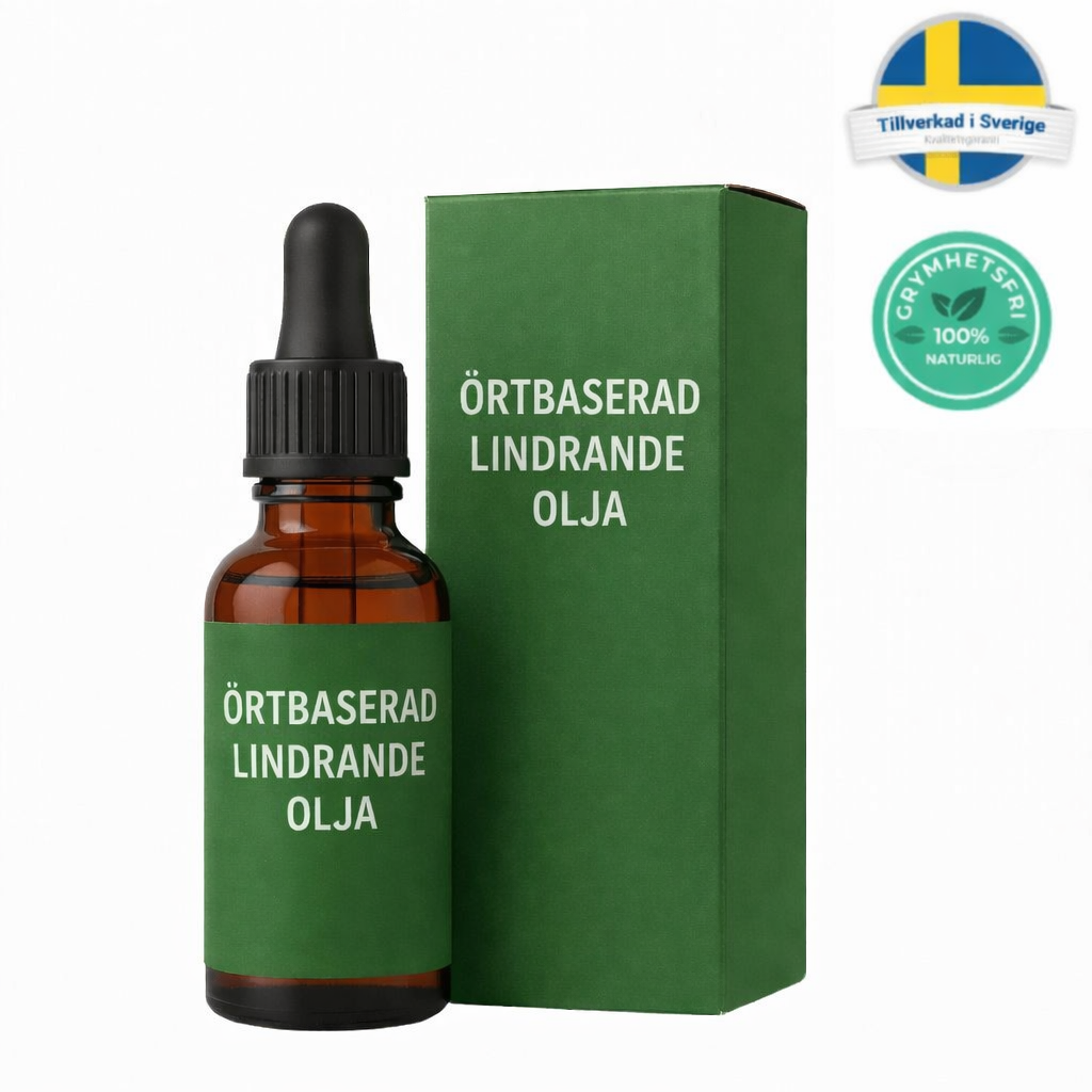 Örtbaserad lindrande olja i glasflaska med grön etikett och förpackning.