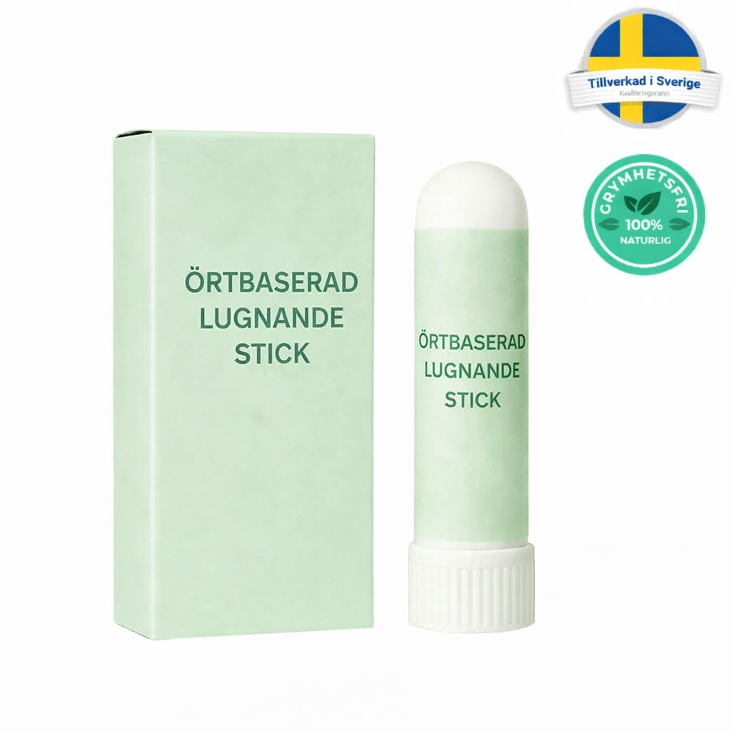 Örtbaserad lugnande stick för hudvård, förpackning och produkt med naturliga ingredienser.