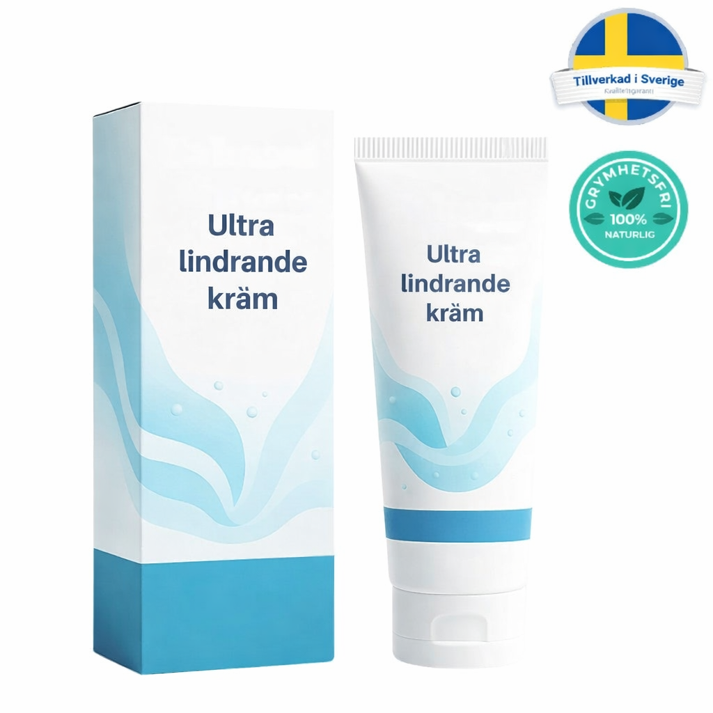 Ultra lindrande kräm produktillustration med förpackning och tub i blå toner.