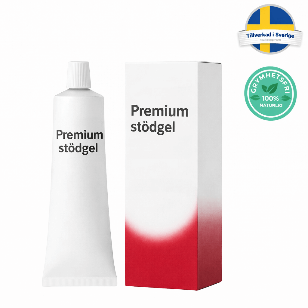 Premium stödgel produktförpackning med tub och box för tandproteser.