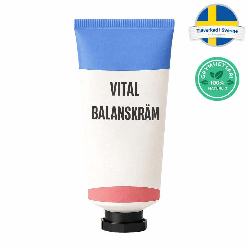 Vital Balanskräm tube with blue cap and labels for Swedish manufacturing and natural ingredients.