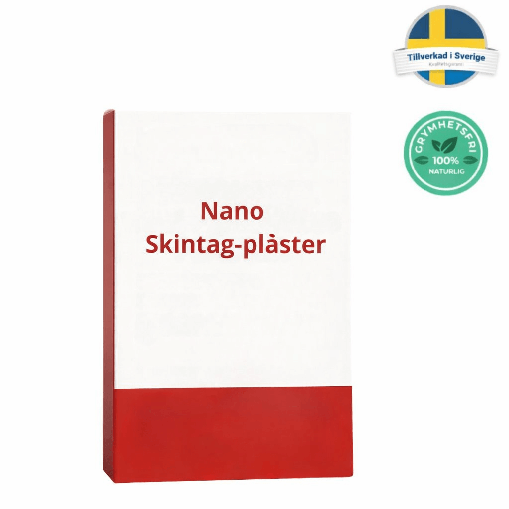 Förpackning av Nano Skintag-plåster med svensk flagga och ekologisk märkning.