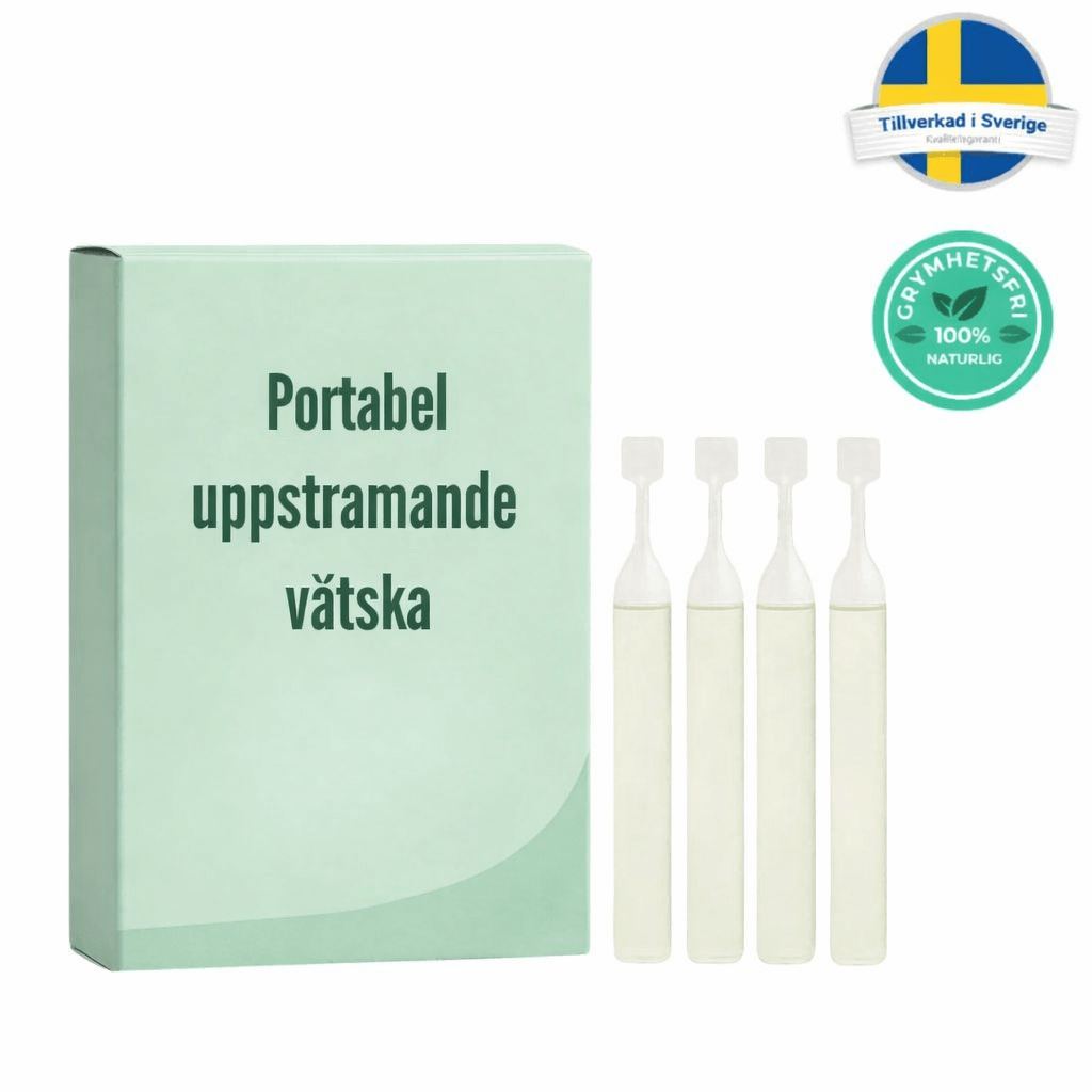 Portabel uppstramande vätska i förpackning med fyra ampuller, botanisk hudvård för dagligt bruk.